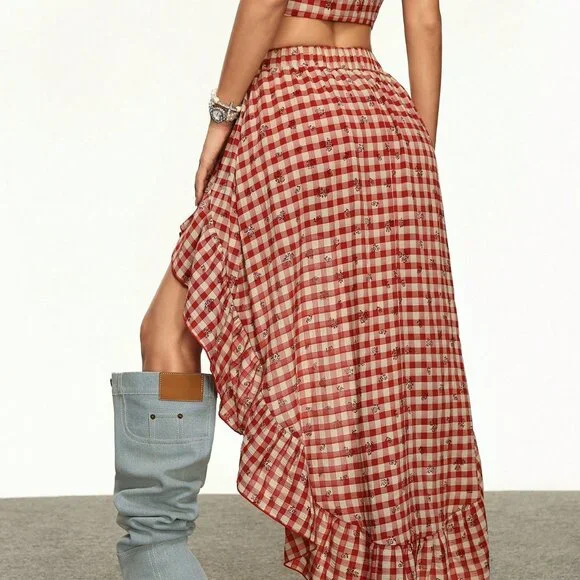 Red Casual Women's Plaid Print Valentine's Day Color Block Short Skirt